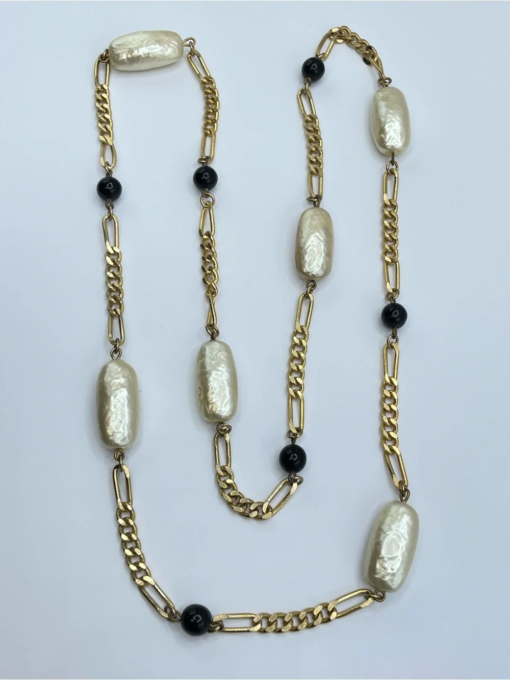 Gold Tone Faux Pearl Black Crystal Bead Long Statement Necklace